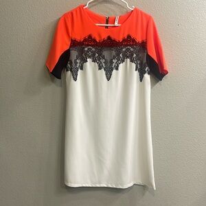 LeShop Dress- Size Large. Off white and orange with black lace overlay.